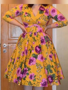 Pinup Couture BIRDIE Mustard Violet Floral Dress LARGE